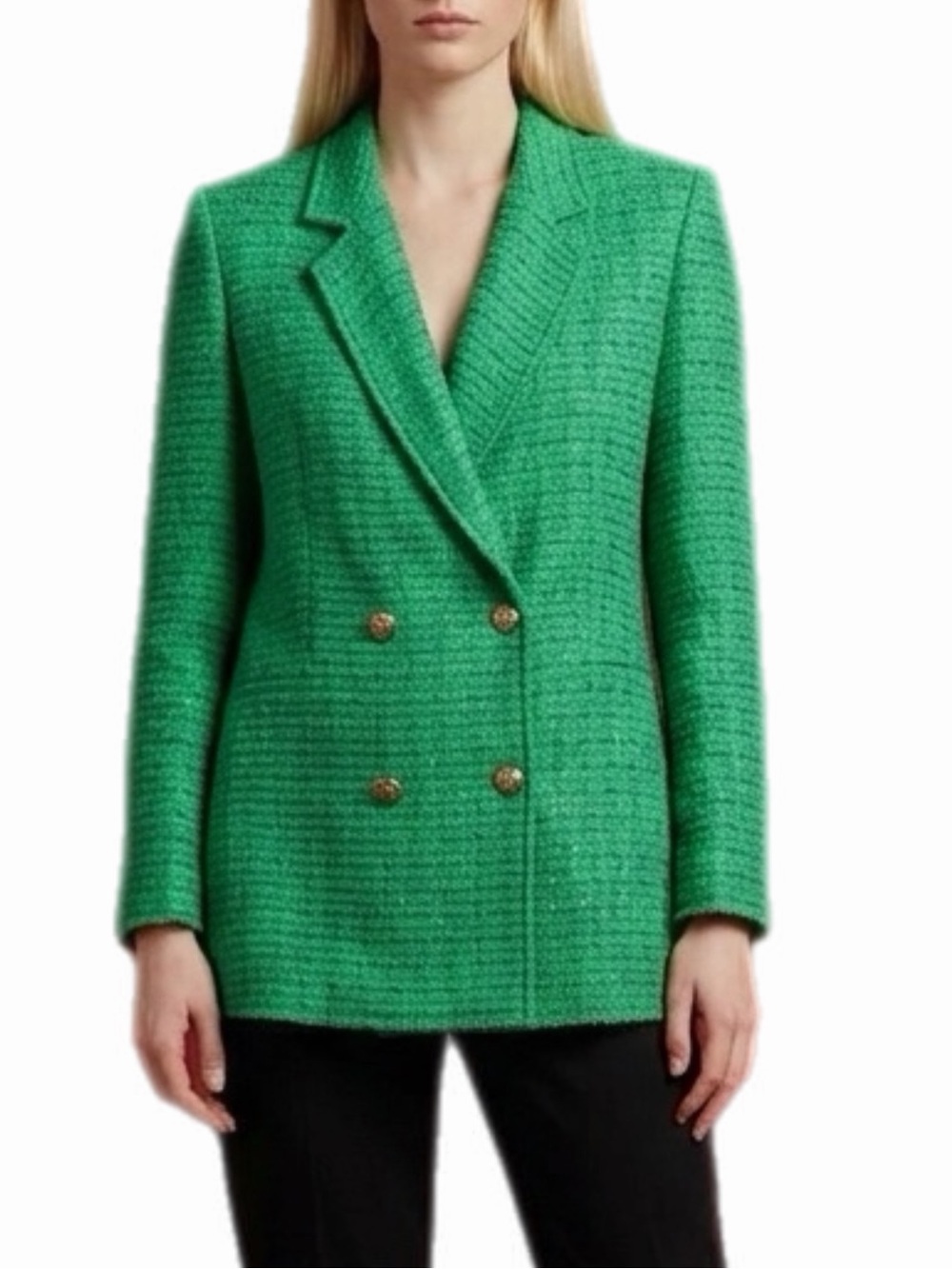 NWT ZARA Green Textured Tweed Double Breasted Blazer Jacket Boucle Fringe XS